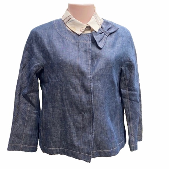 Talbots 100% Linen Chambray Jacket Blue Bow Collar Lightweight 6